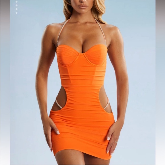 Oh Polly Dresses & Skirts - Oh Polly Neon Orange Bedazzled Cutout Halter Ruched Bodycon Mini Dress Size 8